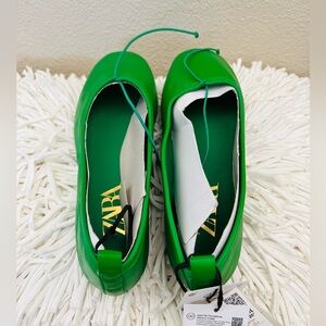 Zara Green Flat Leather Ballerinas Shoes With Bow US 6 NWT